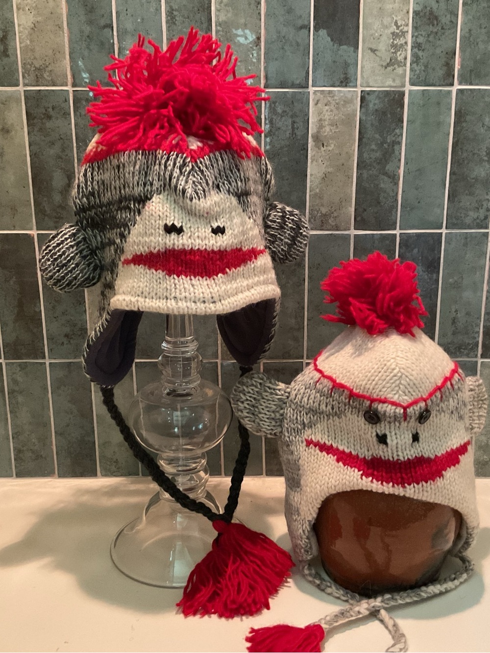 Men’s Women’s Kids Sock Monkey Knit Hats w/tassel chin ties, great for Halloween